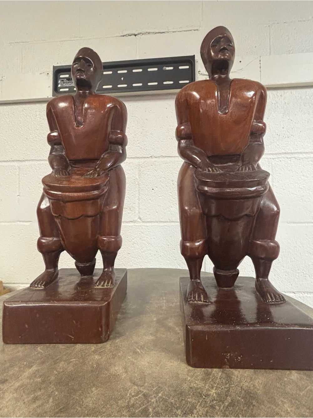 Hand-Carved Brown Wooden Drummer Sculpture - Pair